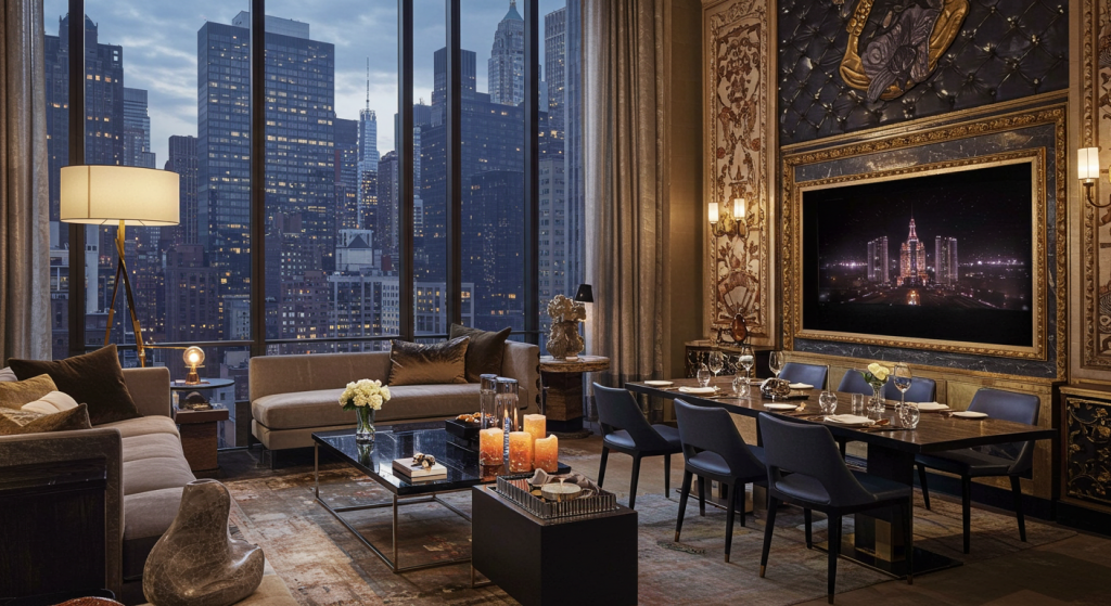 “Met Gala red carpet entrance”, “New York skyline from rooftop hotel”, “Broadway theatre marquee at night”, “Helicopter over Manhattan”